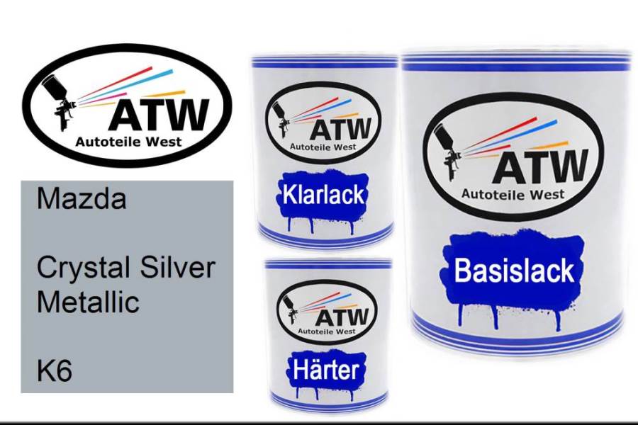 Mazda, Crystal Silver Metallic, K6: 1L Lackdose + 1L Klarlack + 500ml Härter - Set, von ATW Autoteile West.